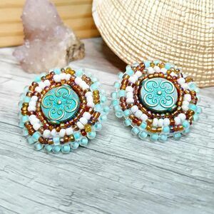 Boho Chic Beaded Stud Earrings, Statement Jewelry, Turquoise White Brown